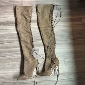 Khaki suede lace up thigh, high boots 9